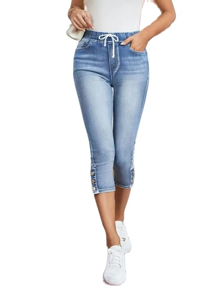 Women’s High Waist Ripped Denim Shorts | Knee-Length Stretch Fit