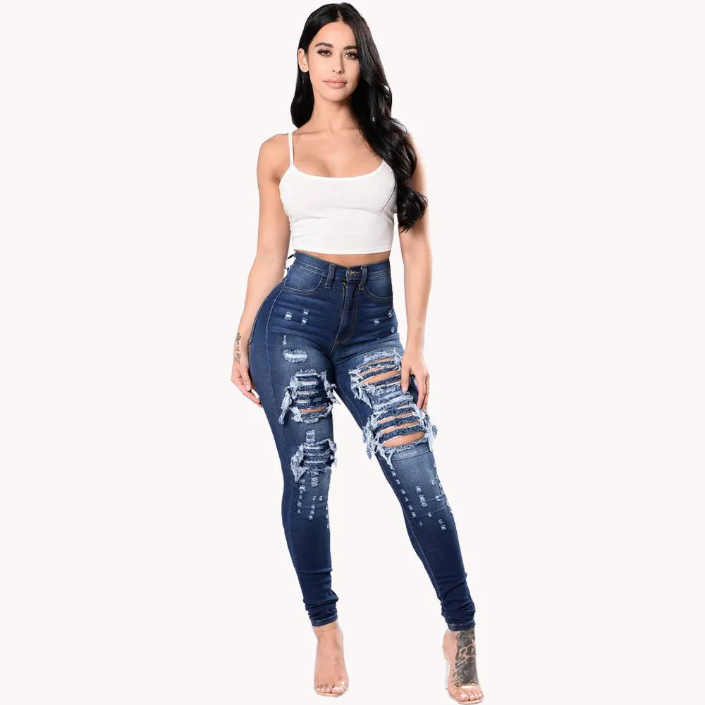 High Waist Ripped Skinny Jeans for Women – S-3XL Casual Denim