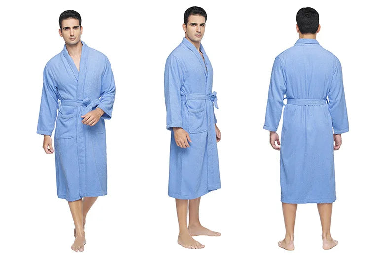 Blue men's robe shown from front, side, and back on a white background