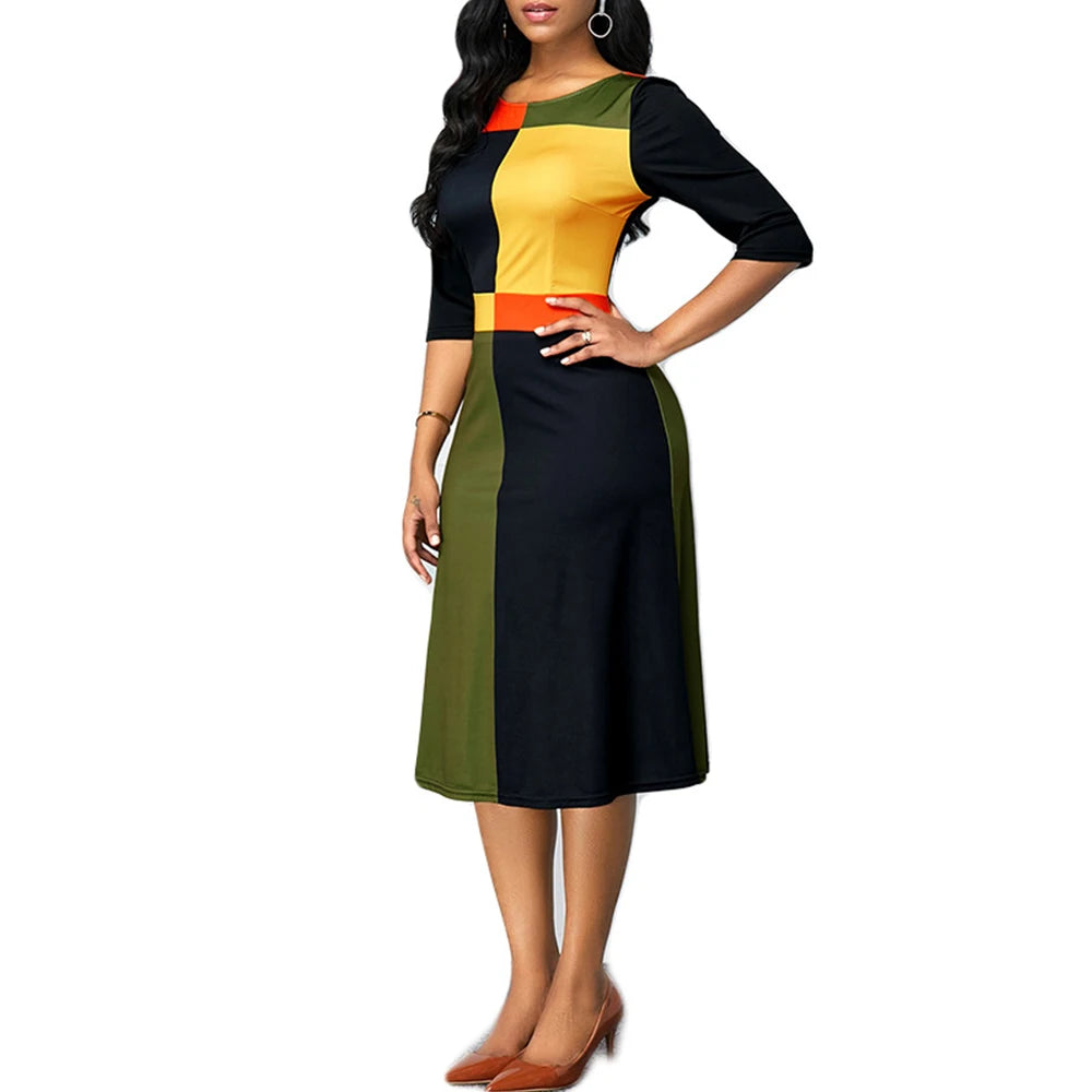 Elegant Geometric Patchwork Bodycon Dress – Office Lady Style