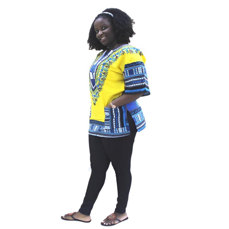 Unique African Dashiki Print Bohemian Yellow 100% Cotton T-Shirt with Pockets