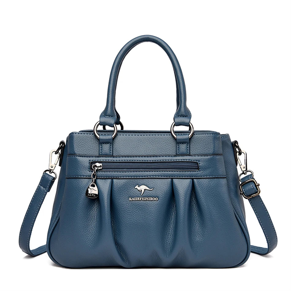 Luxury 3-Layer Ruched Leather Handbag – Large Capacity Crossbody Shoulder Tote
