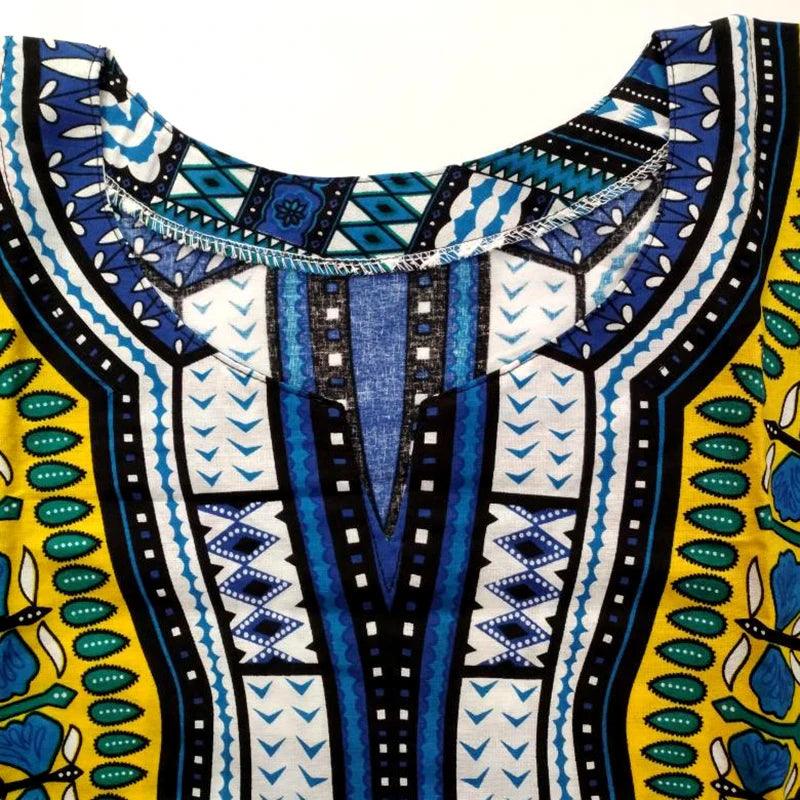 Unique African Dashiki Print Bohemian Yellow 100% Cotton T-Shirt with Pockets