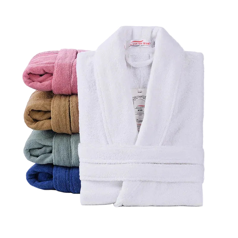 Stack of folded bathrobes in various colors on a white background