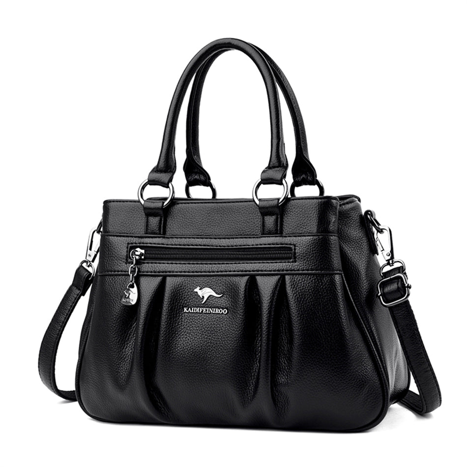 Luxury 3-Layer Ruched Leather Handbag – Large Capacity Crossbody Shoulder Tote