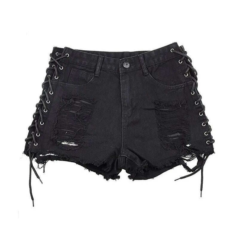High Waist Ripped Denim Shorts – Lace-Up Tassel Hotpants for Women