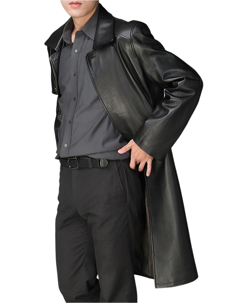 Long Black Faux Leather Trench Coat – British-Inspired Autumn Outerwear