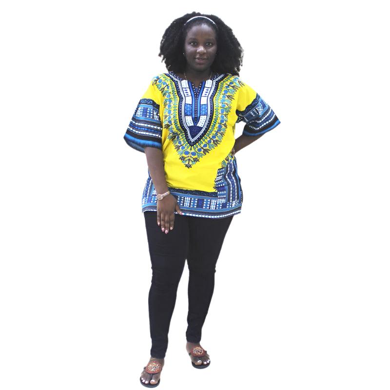 Unique African Dashiki Print Bohemian Yellow 100% Cotton T-Shirt with Pockets