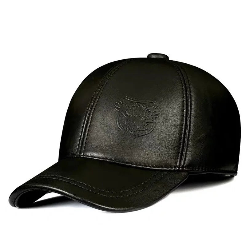 Men’s Genuine Leather Baseball Cap – Adjustable, Casual, Ear-Warming Design