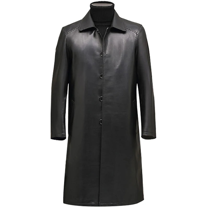 Long Black Faux Leather Trench Coat – British-Inspired Autumn Outerwear