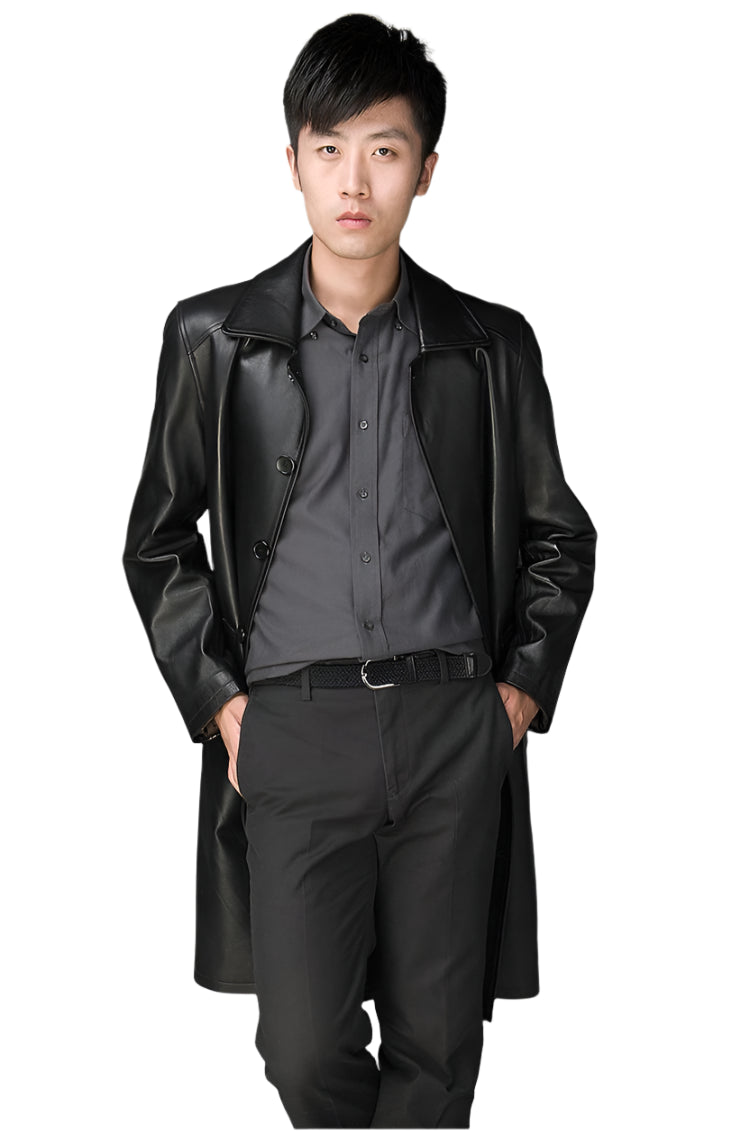Long Black Faux Leather Trench Coat – British-Inspired Autumn Outerwear