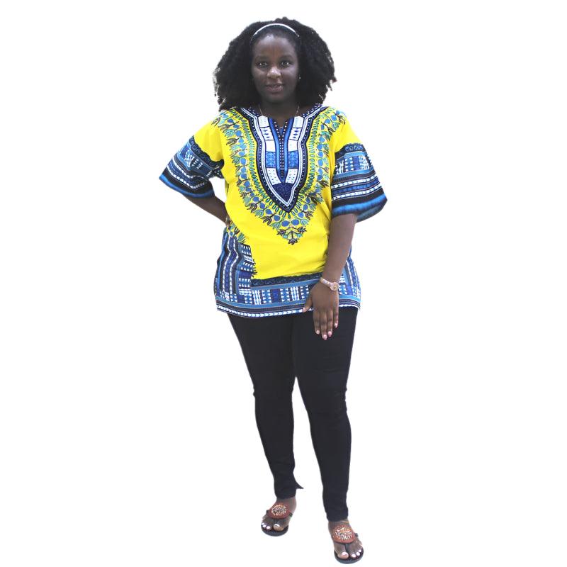 Unique African Dashiki Print Bohemian Yellow 100% Cotton T-Shirt with Pockets