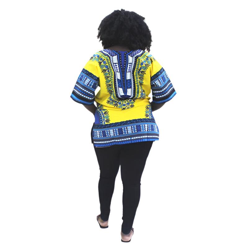 Unique African Dashiki Print Bohemian Yellow 100% Cotton T-Shirt with Pockets
