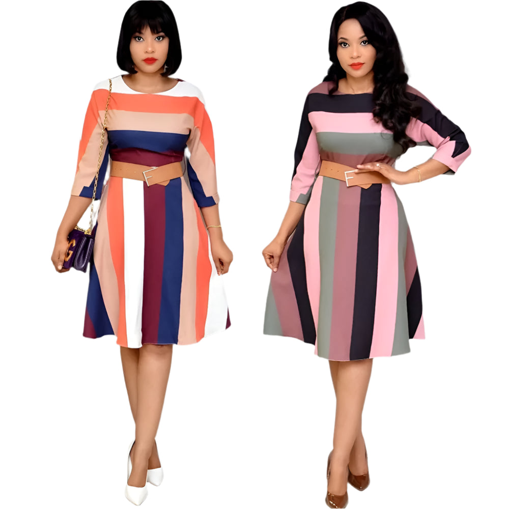 Rainbow Striped Office Dress – Fit & Flare Temperament Style
