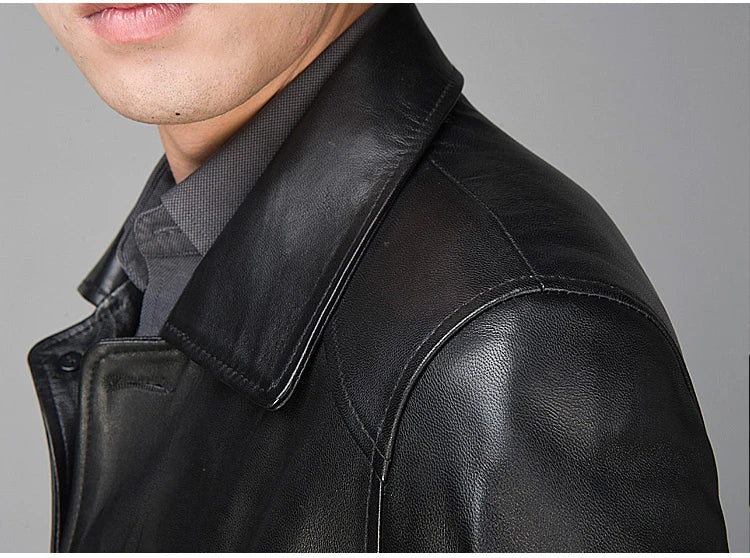 Long Black Faux Leather Trench Coat – British-Inspired Autumn Outerwear