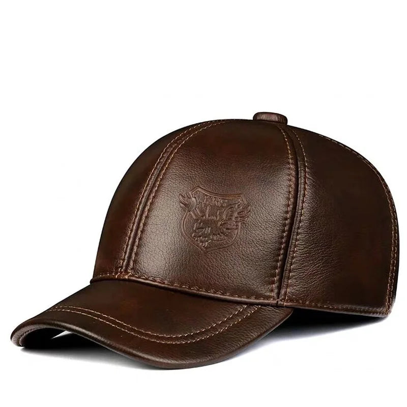 Men’s Genuine Leather Baseball Cap – Adjustable, Casual, Ear-Warming Design