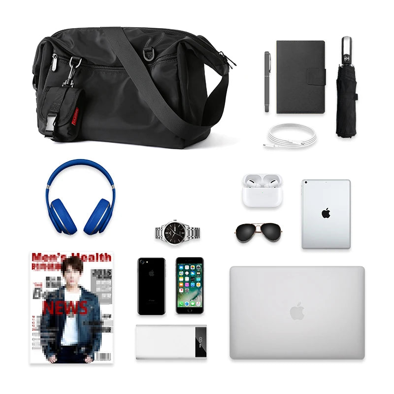 Collection of items including a black bag, headphones, Apple products, and a magazine on a white background