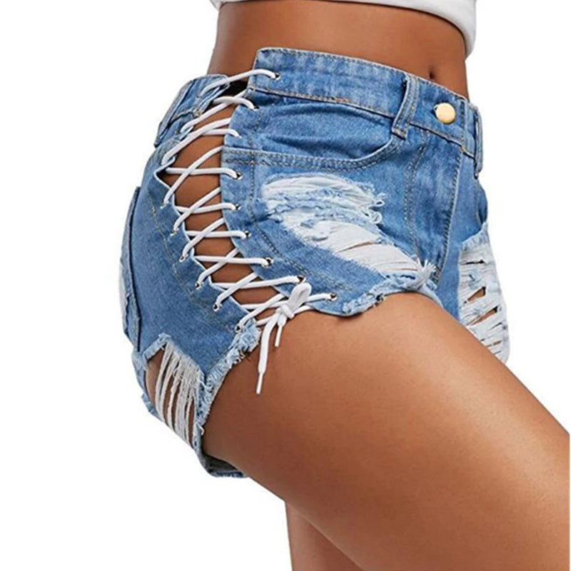 High Waist Ripped Denim Shorts – Lace-Up Tassel Hotpants for Women