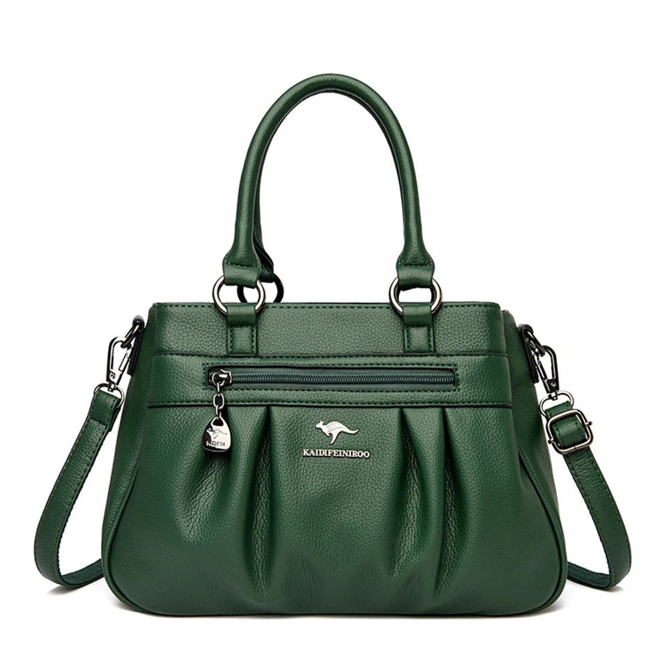 Luxury 3-Layer Ruched Leather Handbag – Large Capacity Crossbody Shoulder Tote