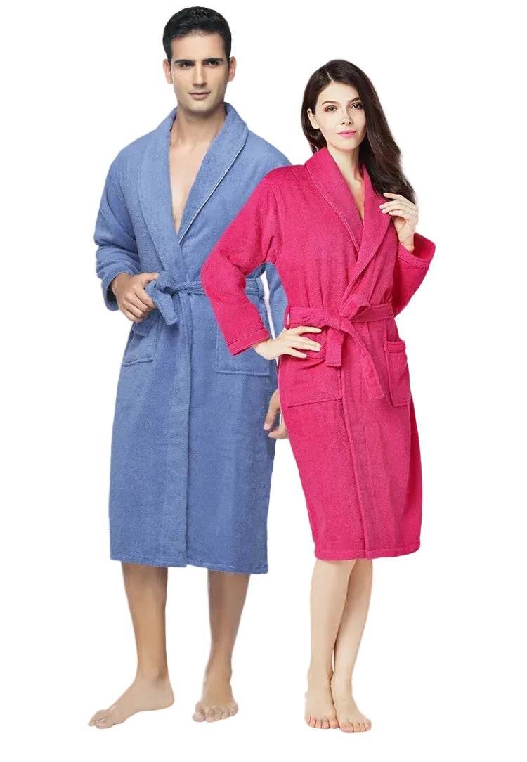 Two people wearing pink and blue robes on a pink background with decorative elements.