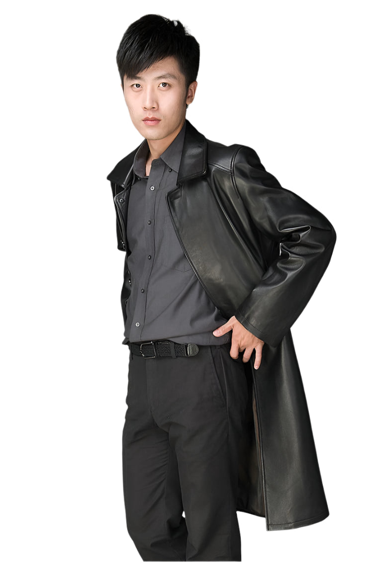 Long Black Faux Leather Trench Coat – British-Inspired Autumn Outerwear