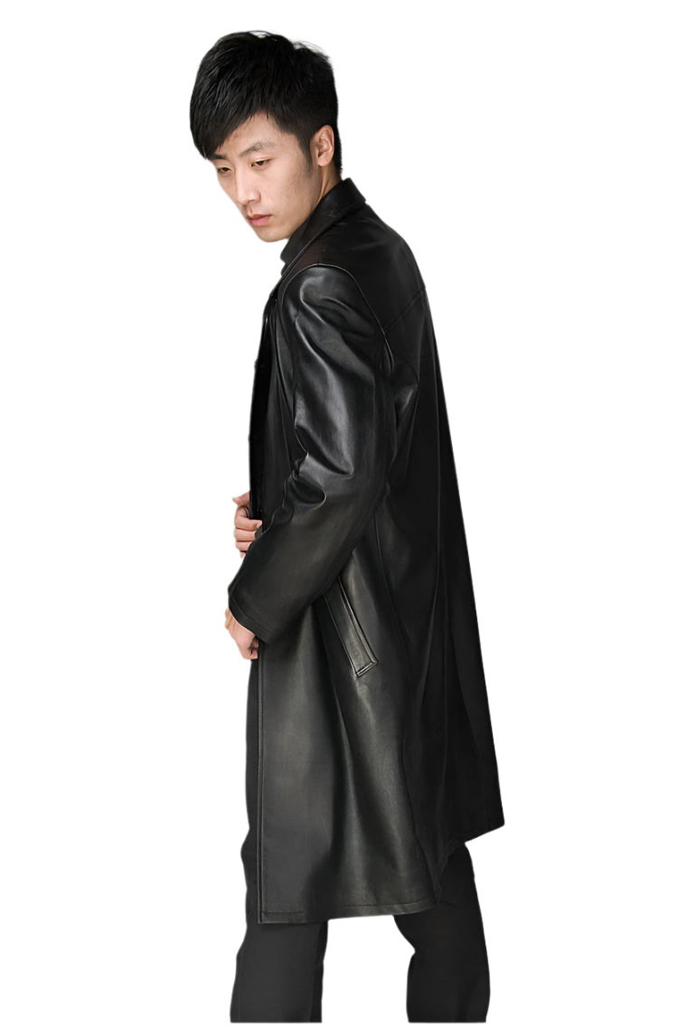 Long Black Faux Leather Trench Coat – British-Inspired Autumn Outerwear