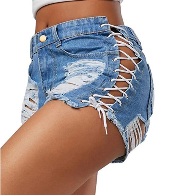 High Waist Ripped Denim Shorts – Lace-Up Tassel Hotpants for Women