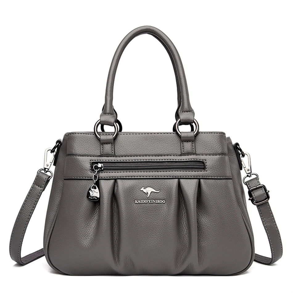 Luxury 3-Layer Ruched Leather Handbag – Large Capacity Crossbody Shoulder Tote