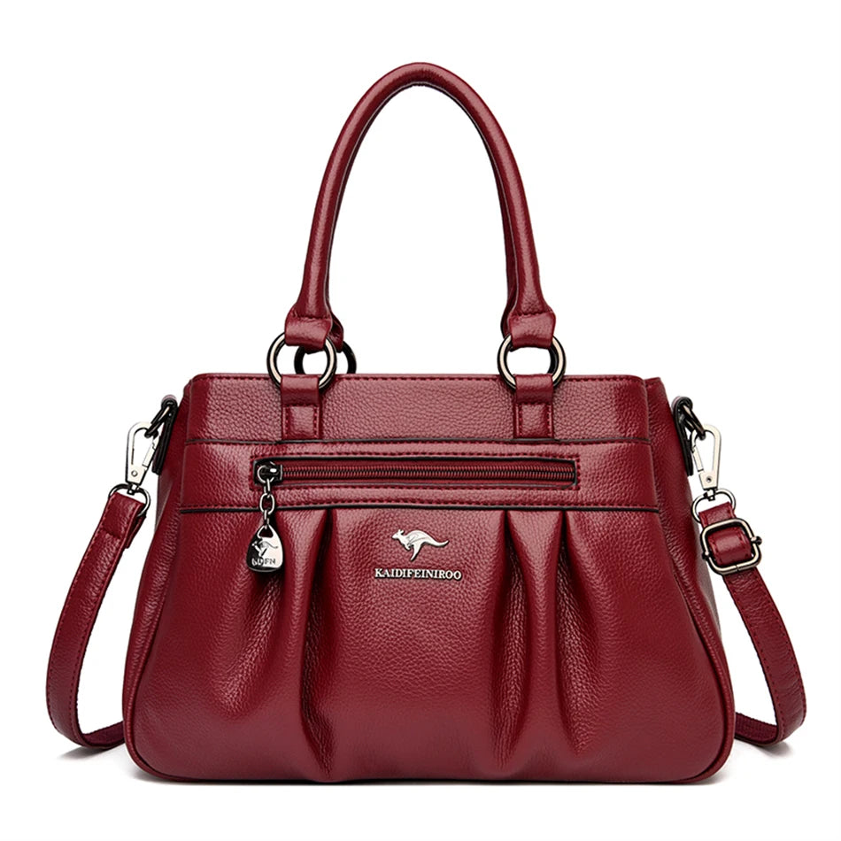 Luxury 3-Layer Ruched Leather Handbag – Large Capacity Crossbody Shoulder Tote