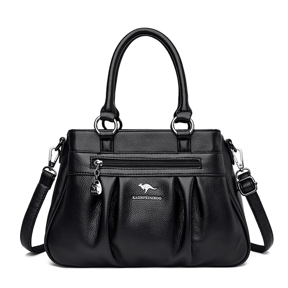 Luxury 3-Layer Ruched Leather Handbag – Large Capacity Crossbody Shoulder Tote