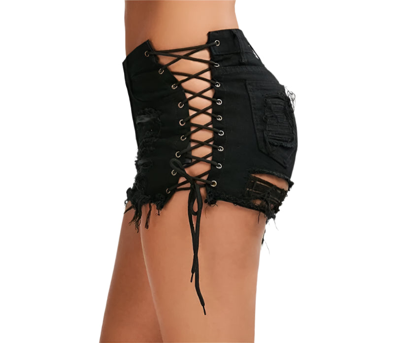 High Waist Ripped Denim Shorts – Lace-Up Tassel Hotpants for Women