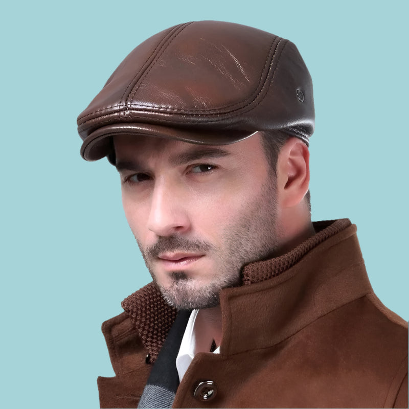 Mens Genuine Leather Winter Beret - Warm Ear Protection Dad Hat