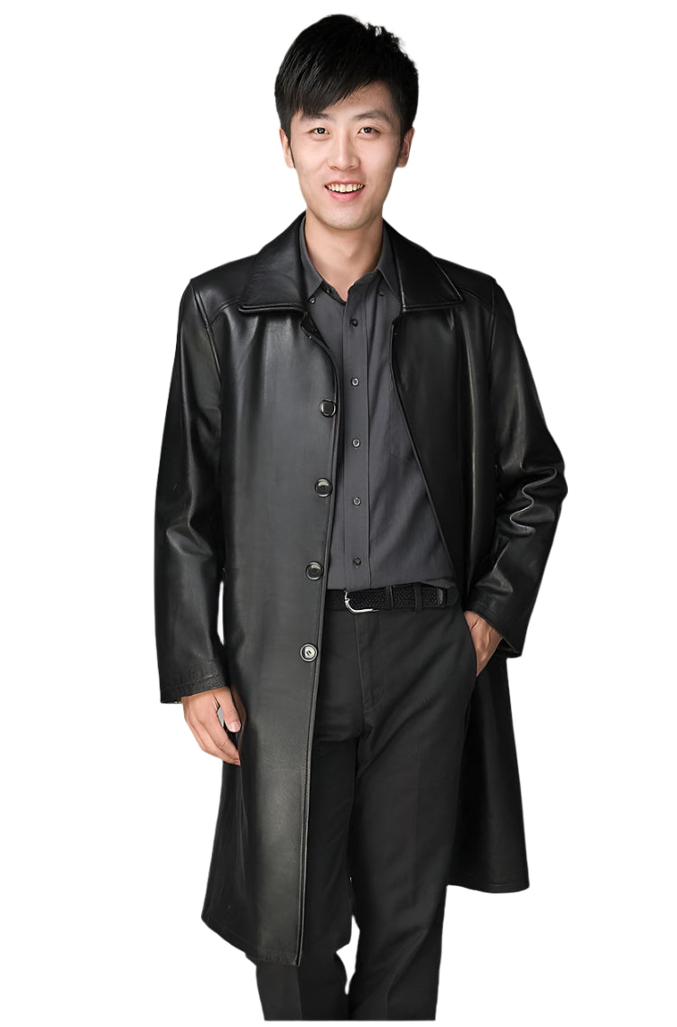 Long Black Faux Leather Trench Coat – British-Inspired Autumn Outerwear