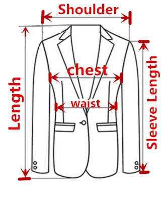 Diagram of a suit jacket with labeled measurements including shoulder, chest, waist, length, and sleeve length.