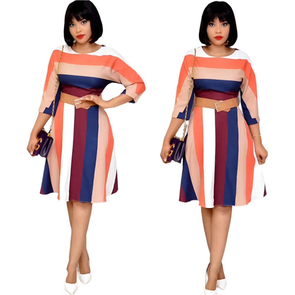 Rainbow Striped Office Dress – Fit & Flare Temperament Style