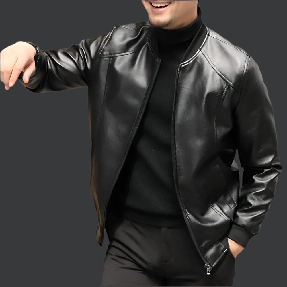 Men's Thickened Warm PU Leather Bomber Jacket - Thermal Stand-Up Collar Business Casual Outerwear - JVMCL