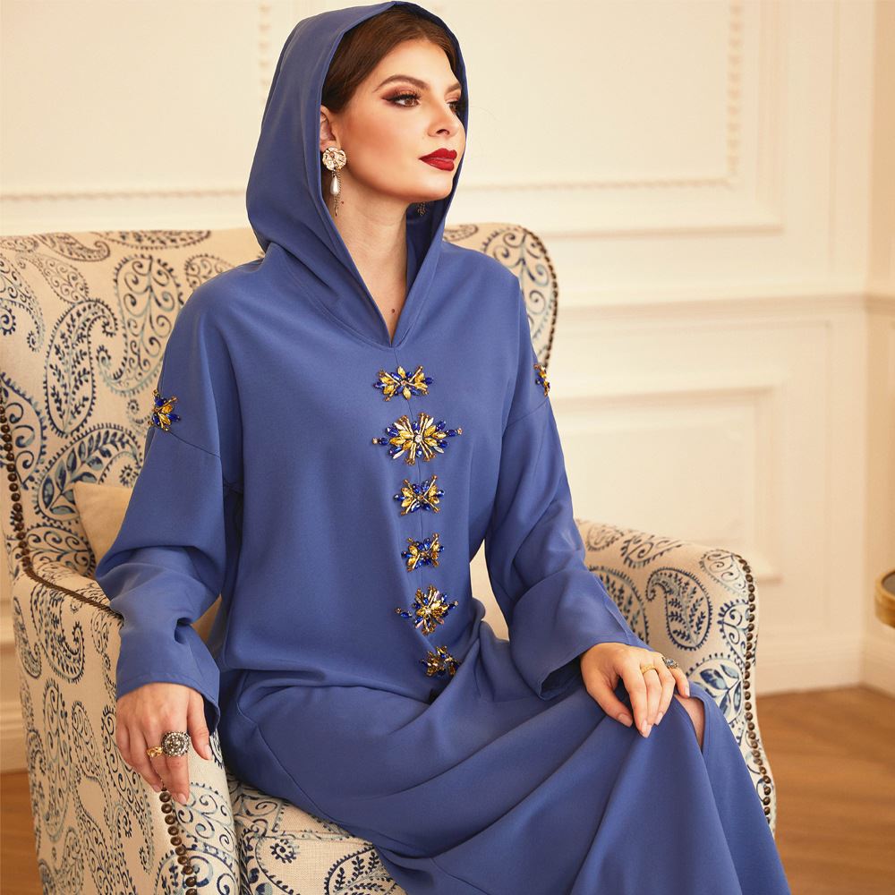 Blue Gray Hooded Diamond Robe | Long Winter Dress Exotic Style