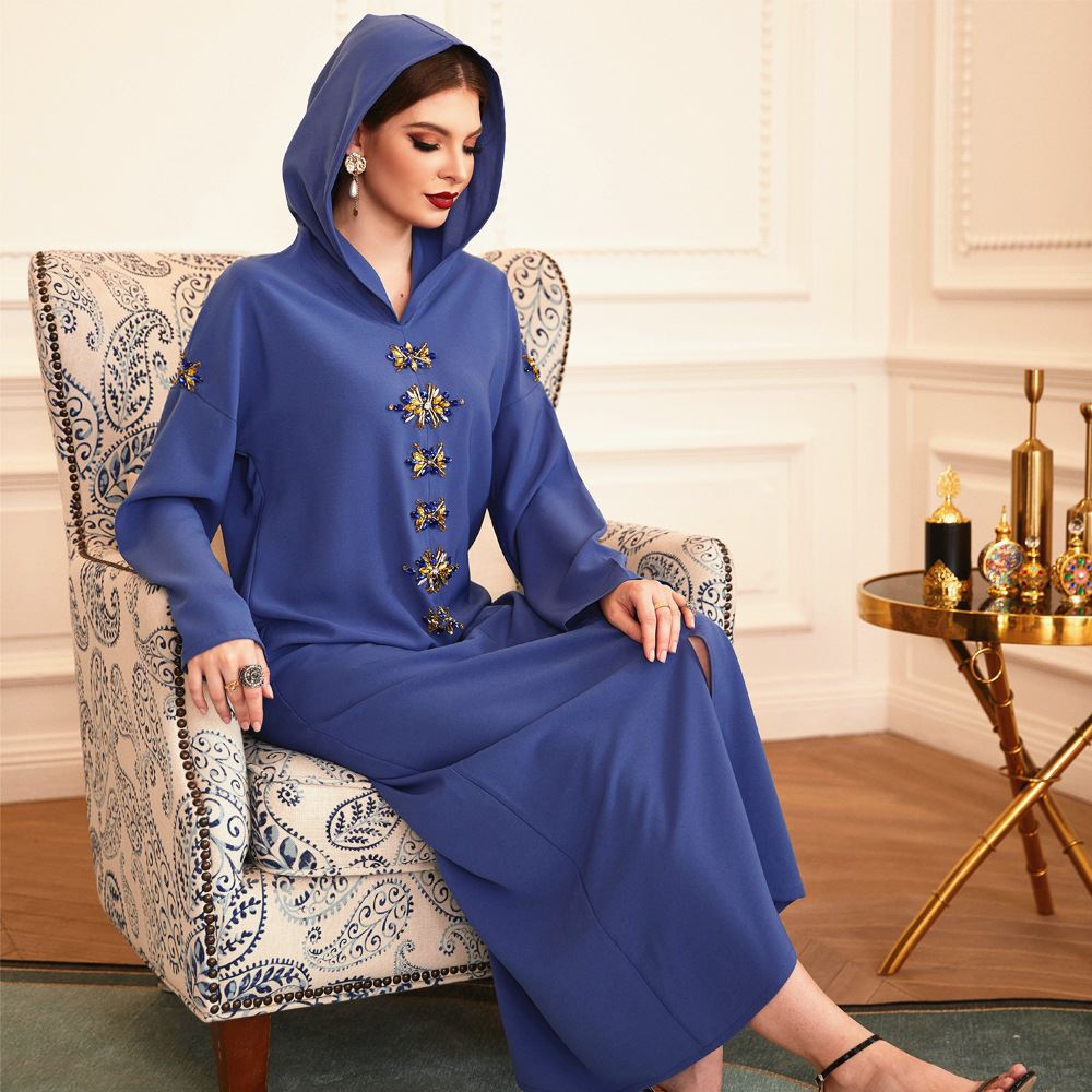 Blue Gray Hooded Diamond Robe | Long Winter Dress Exotic Style