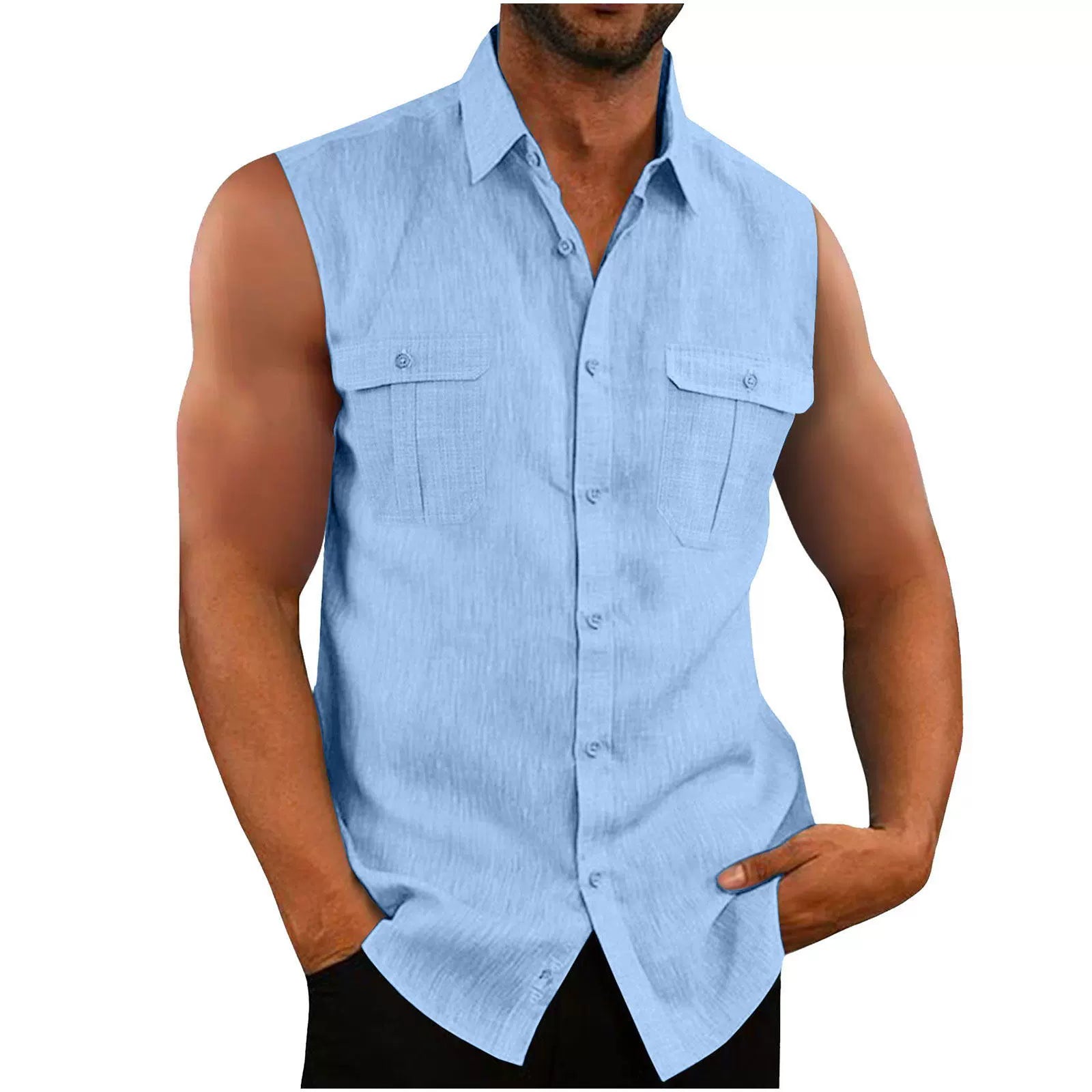 Men’s Sleeveless Double Pocket Shirt – Casual Slim Fit Summer Waistcoat