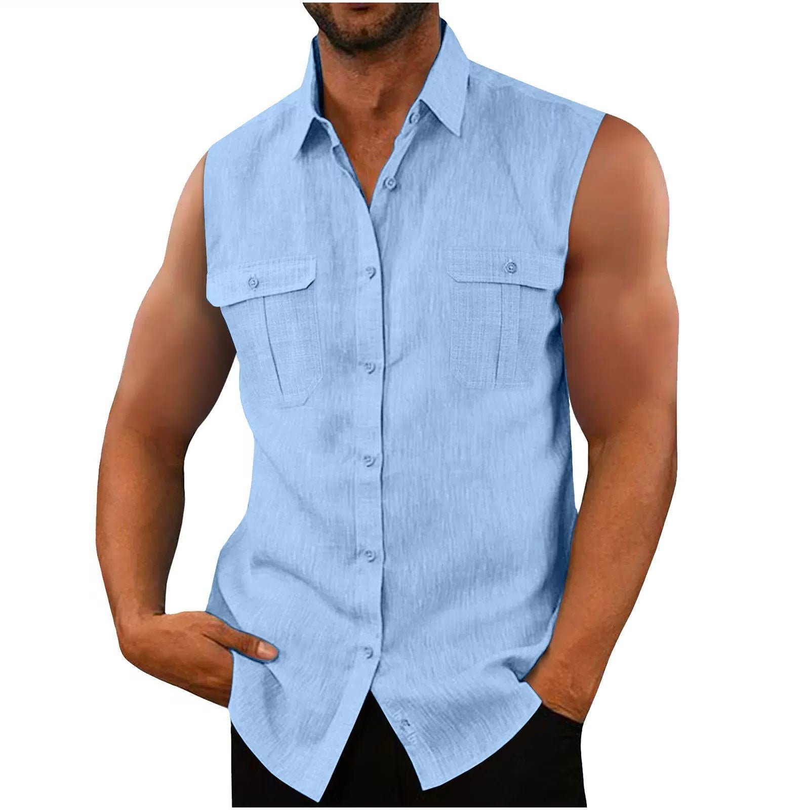 Men’s Sleeveless Double Pocket Shirt – Casual Slim Fit Summer Waistcoat