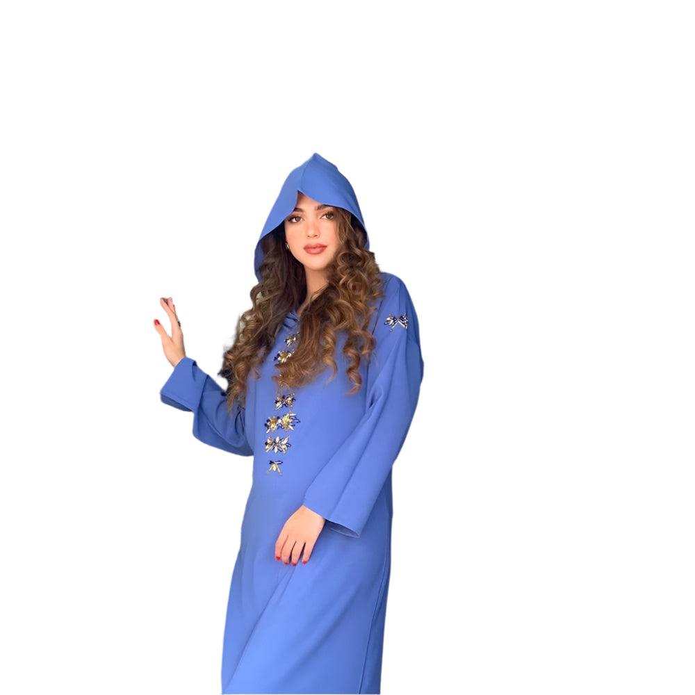Blue Gray Hooded Diamond Robe | Long Winter Dress Exotic Style