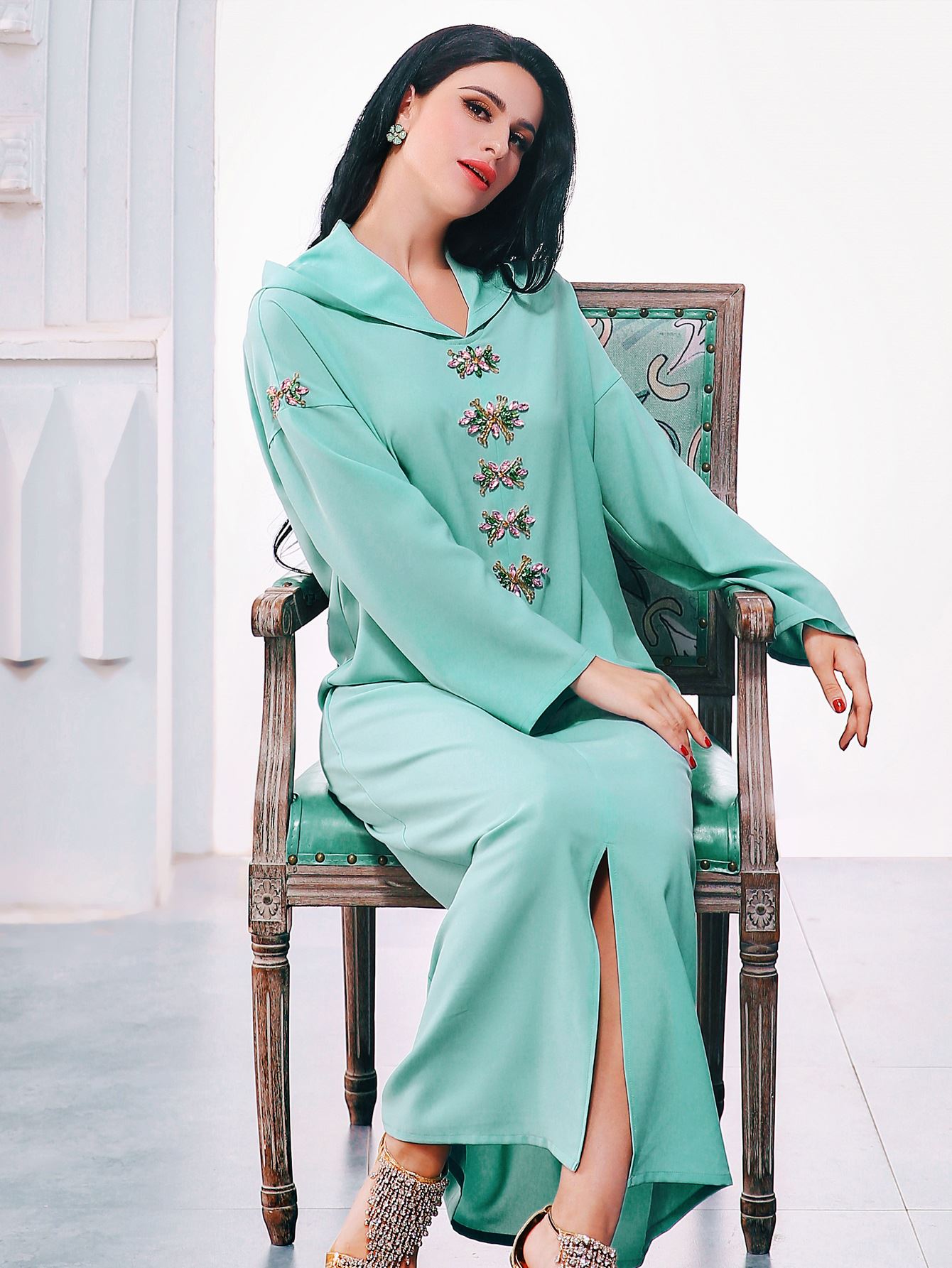 Blue Gray Hooded Diamond Robe | Long Winter Dress Exotic Style