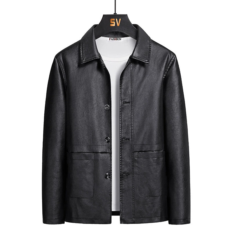 Korean Fashion Men's Warm Lapel Leather Jacket - Solid Color