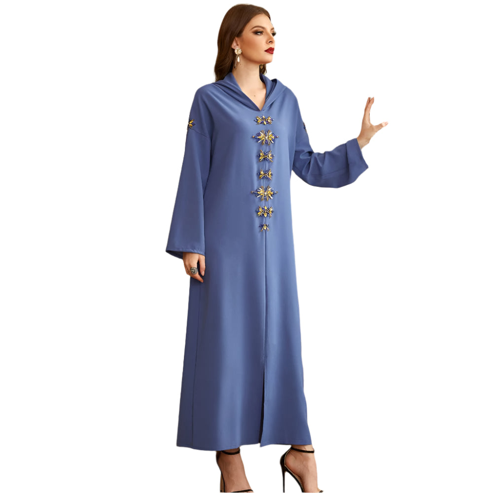 Blue Gray Hooded Diamond Robe | Long Winter Dress Exotic Style