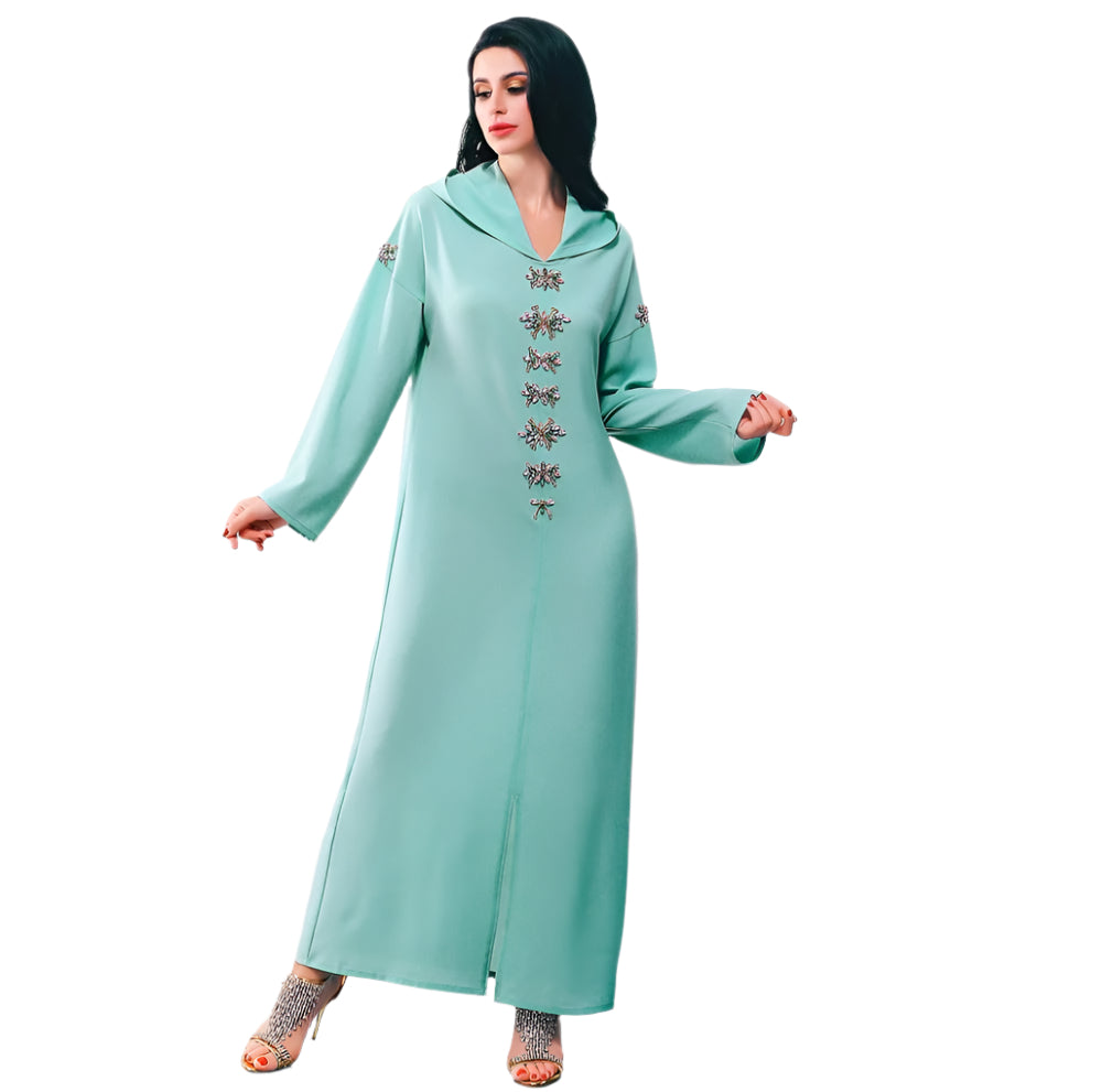 Blue Gray Hooded Diamond Robe | Long Winter Dress Exotic Style