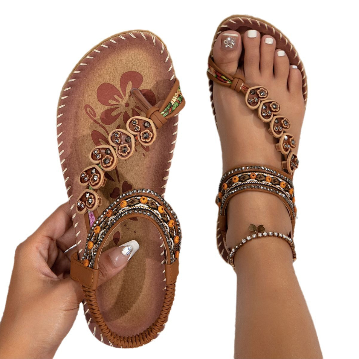 Boho Floral Thong Sandals – Women’s Summer Beach Flat Shoes