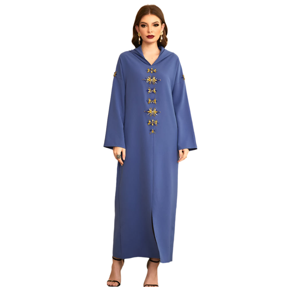 Blue Gray Hooded Diamond Robe | Long Winter Dress Exotic Style