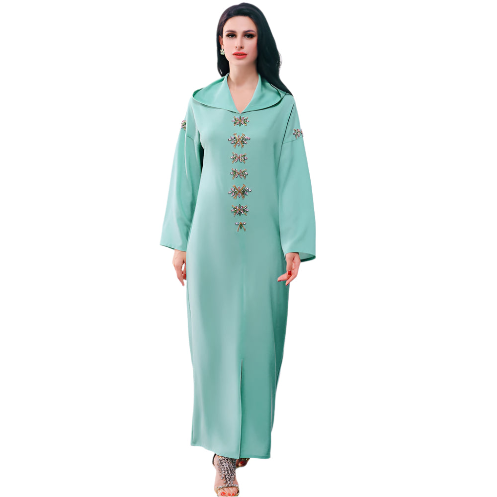 Blue Gray Hooded Diamond Robe | Long Winter Dress Exotic Style