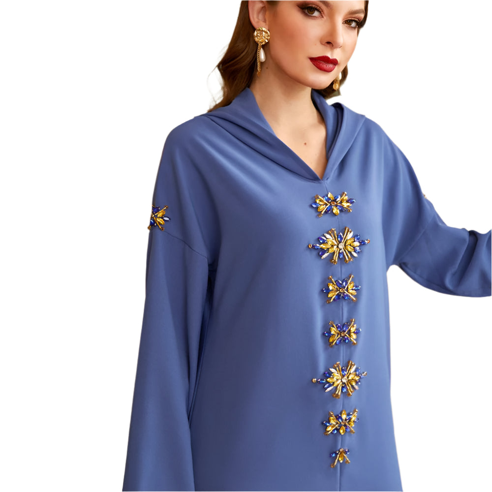 Blue Gray Hooded Diamond Robe | Long Winter Dress Exotic Style