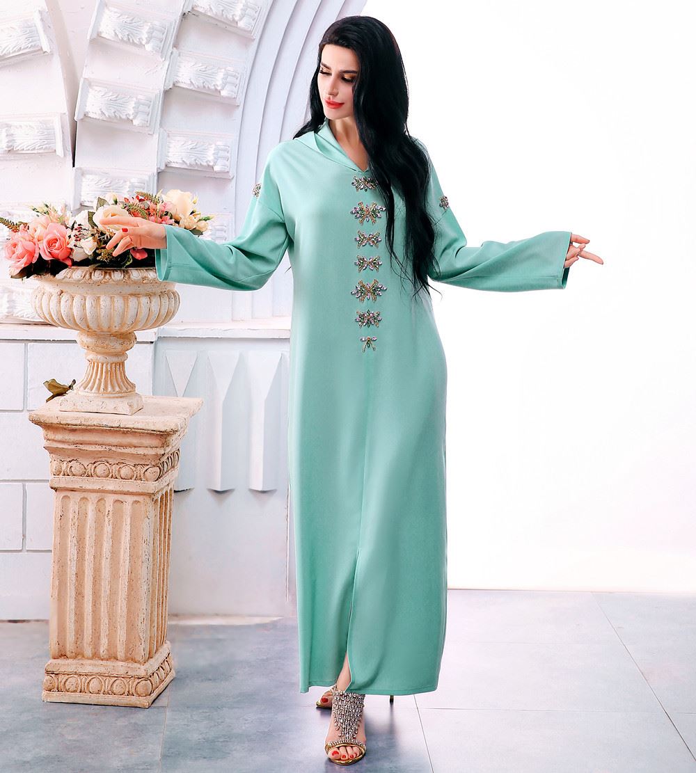 Blue Gray Hooded Diamond Robe | Long Winter Dress Exotic Style